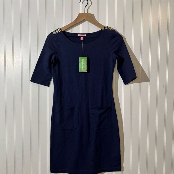 NWT Lilly Pulitzer Navy Mini Dress XXS Gold Button Shoulder Pockets Preppy Work - Picture 2 of 9